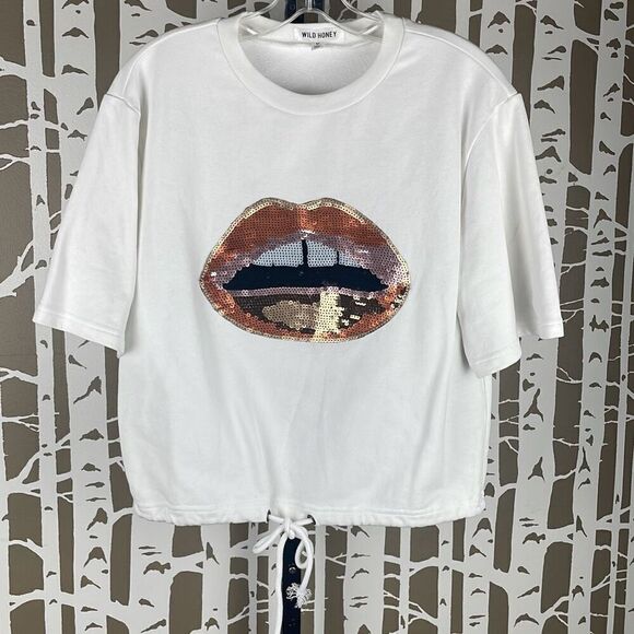 Wild Honey Sequined Lips Short Sleeve Oversized Sweatshirt M - Picture 1 of 8
